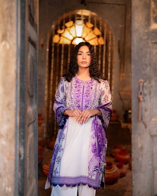 Cotton Placement Print Yoke Embroidery Chunni Chiffon With Lace