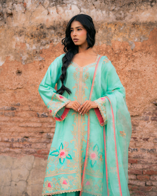 Party Wear Chanderi Salwar Suit with Embroidery and Tissue Applique