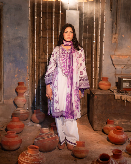 Cotton Placement Print Yoke Embroidery Chunni Chiffon With Lace