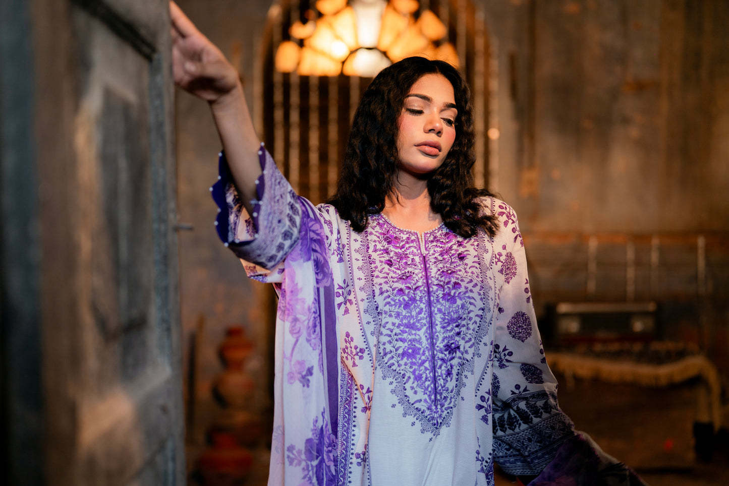 Cotton Placement Print Yoke Embroidery Chunni Chiffon With Lace