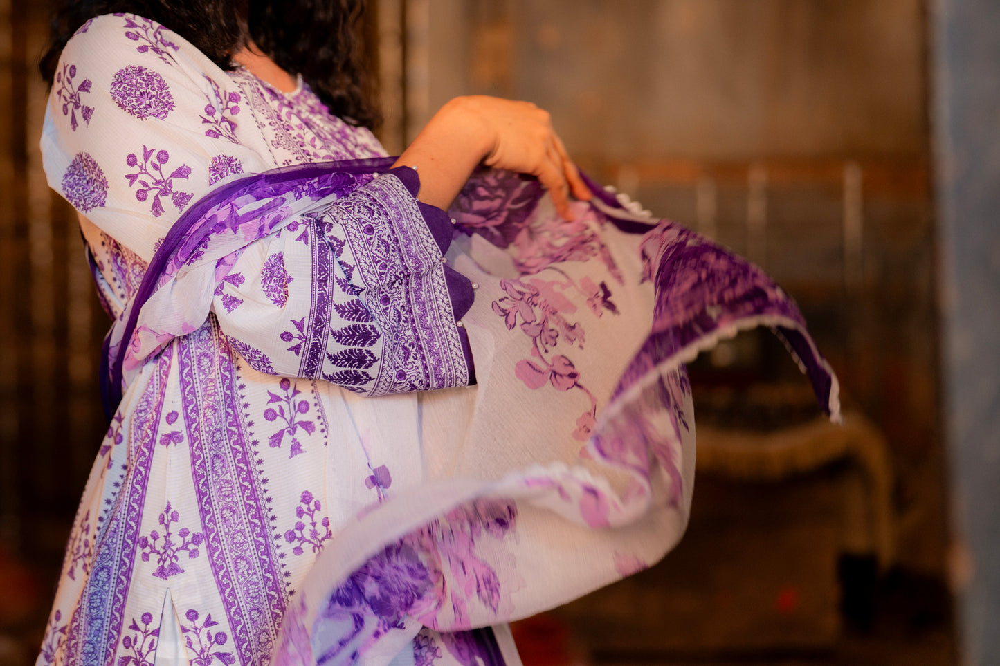 Cotton Placement Print Yoke Embroidery Chunni Chiffon With Lace