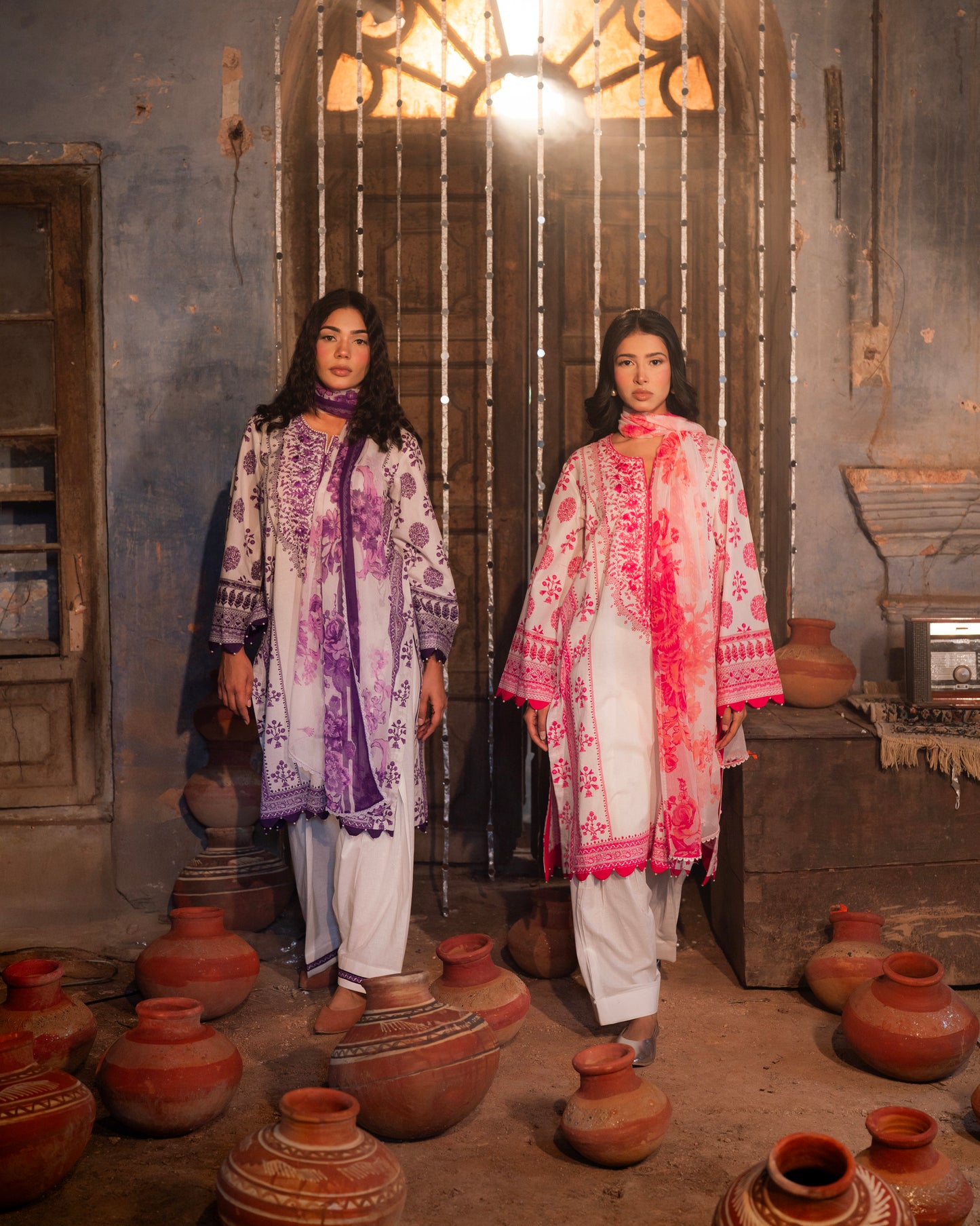 Cotton Placement Print Yoke Embroidery Chunni Chiffon With Lace