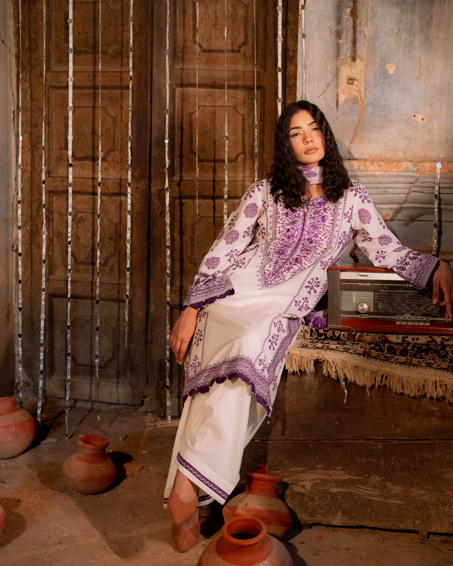 Cotton Placement Print Yoke Embroidery Chunni Chiffon With Lace