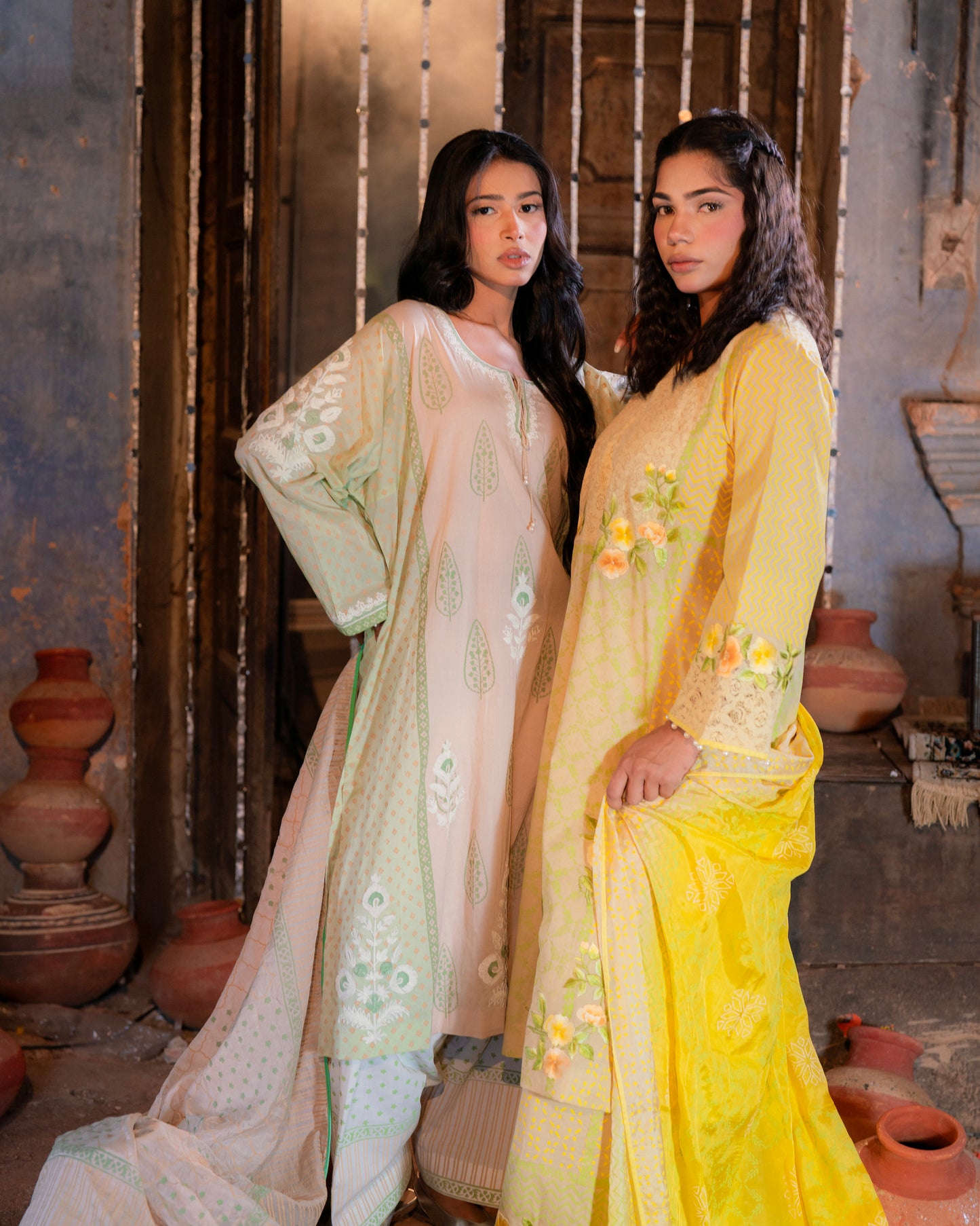 Linen fabric block print and embroidery suit or semi & loose pants.