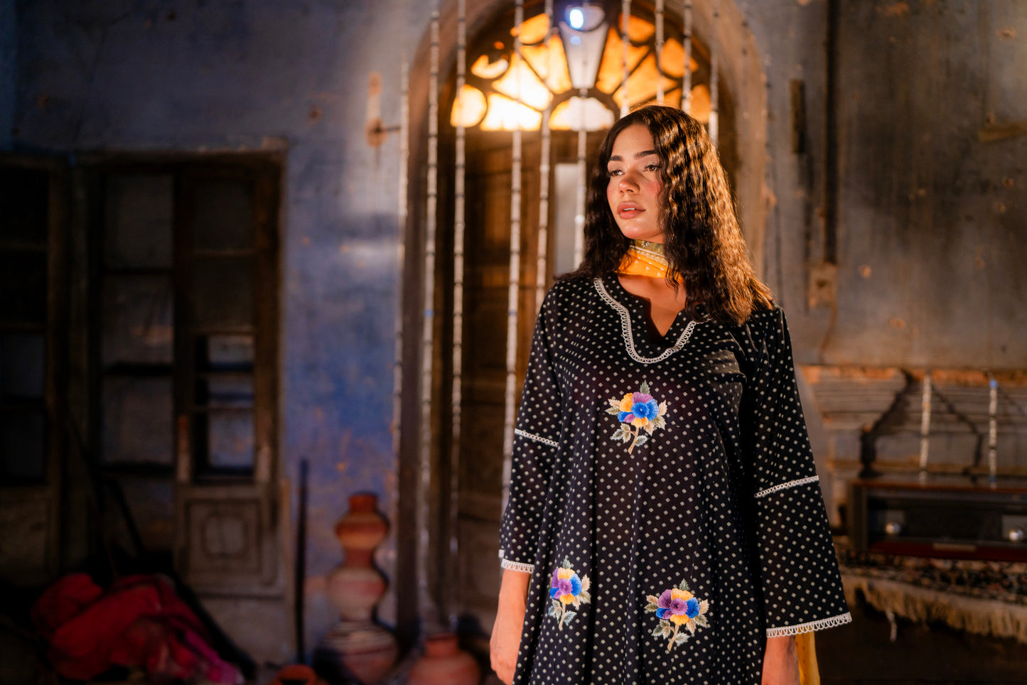 Cotton black & white Printed with lace and thread embroidery