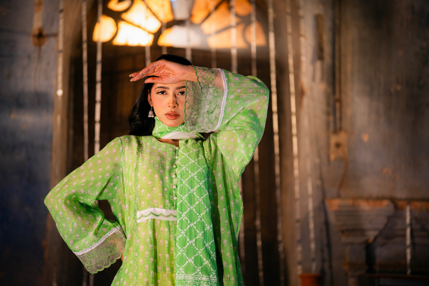 Mul Chanderi with embroidery on organza fabric.