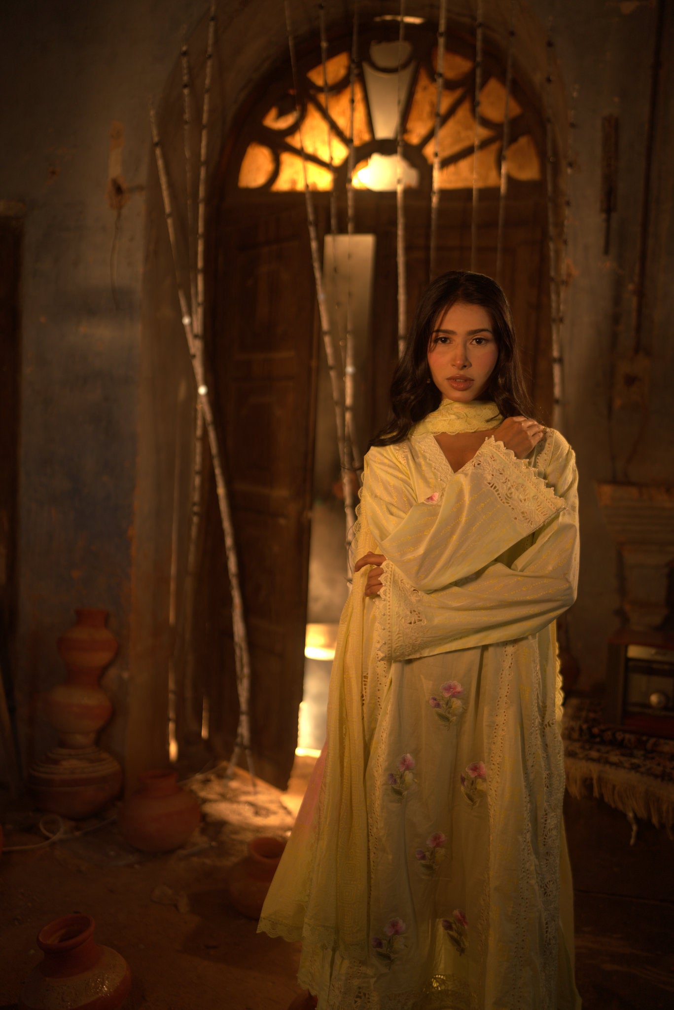 Mul with cut work and resham embroidery