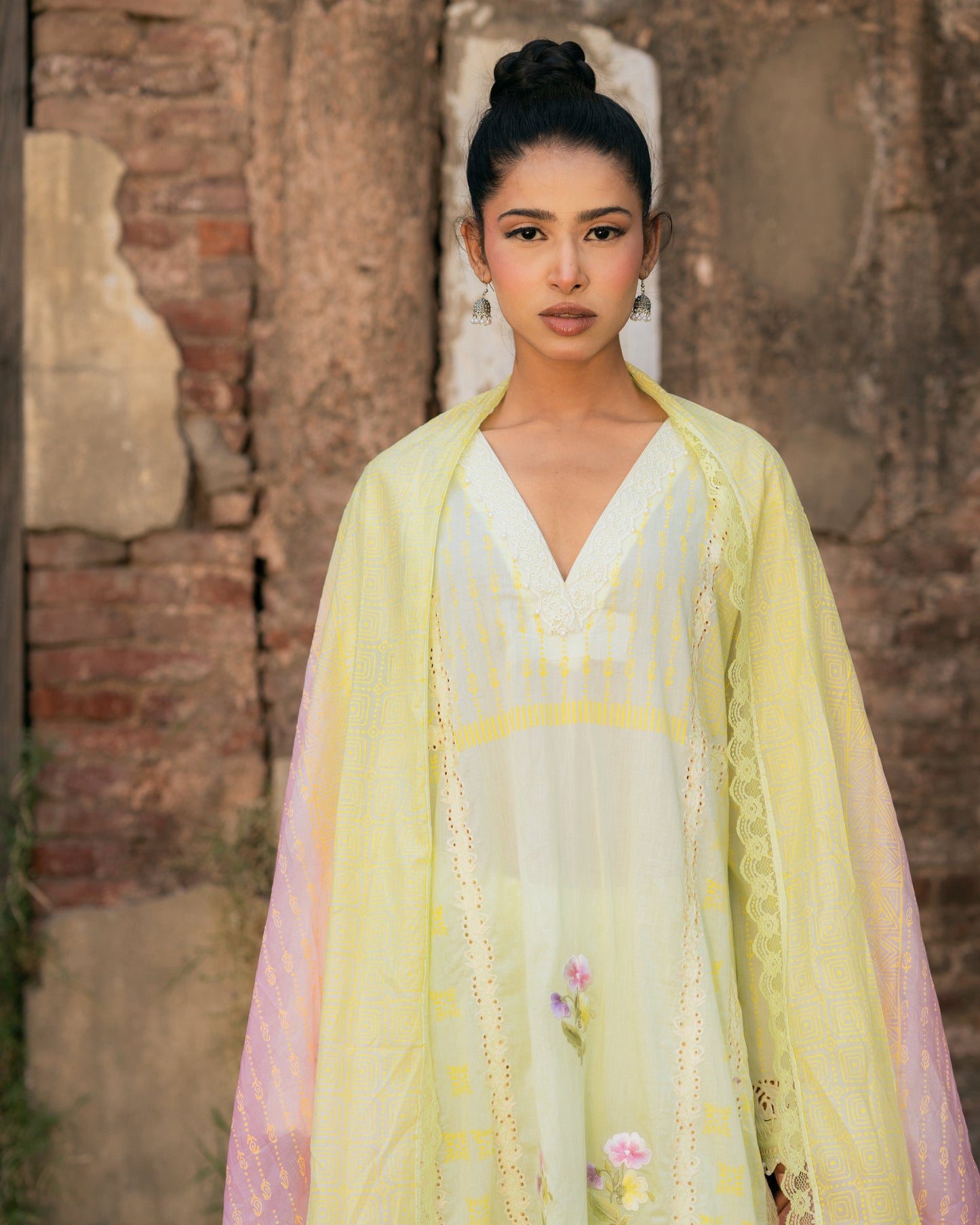 Mul with cut work and resham embroidery