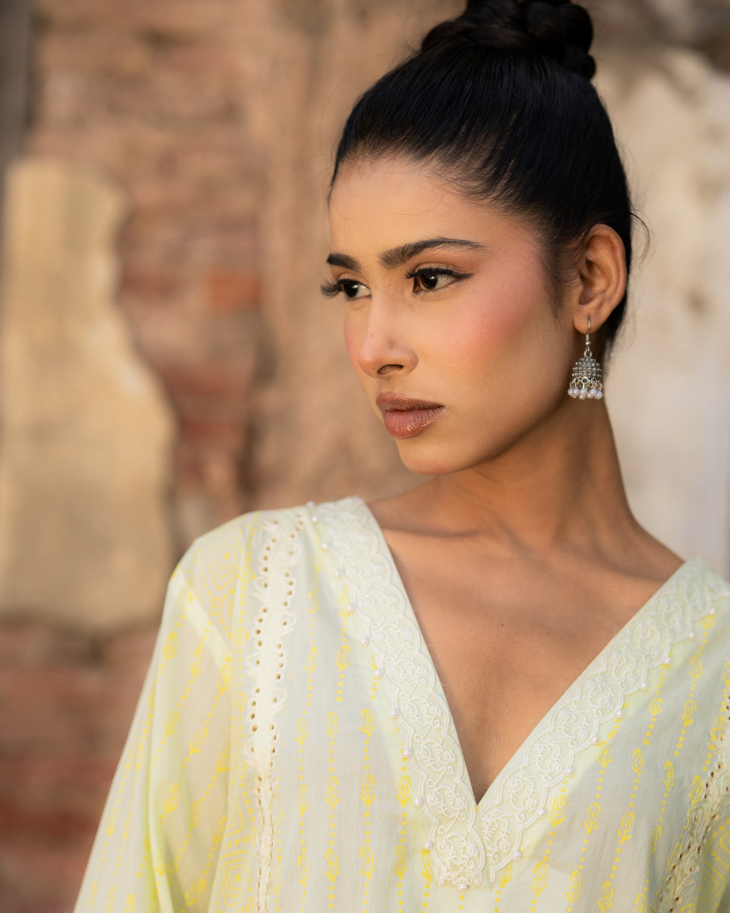 Mul with cut work and resham embroidery
