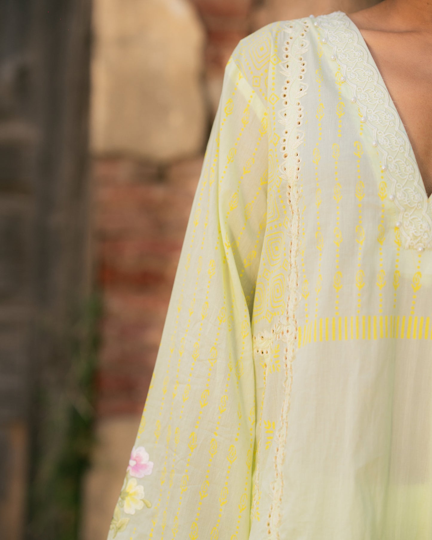 Mul with cut work and resham embroidery