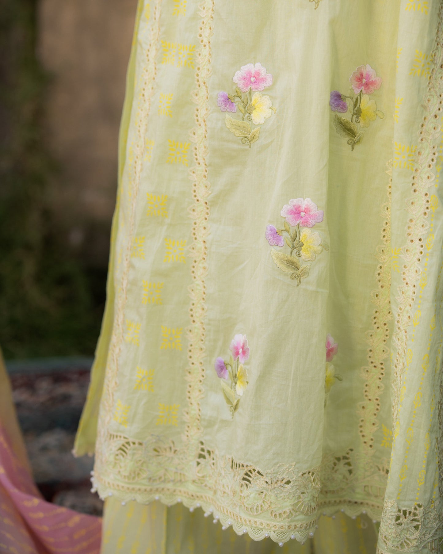 Mul with cut work and resham embroidery