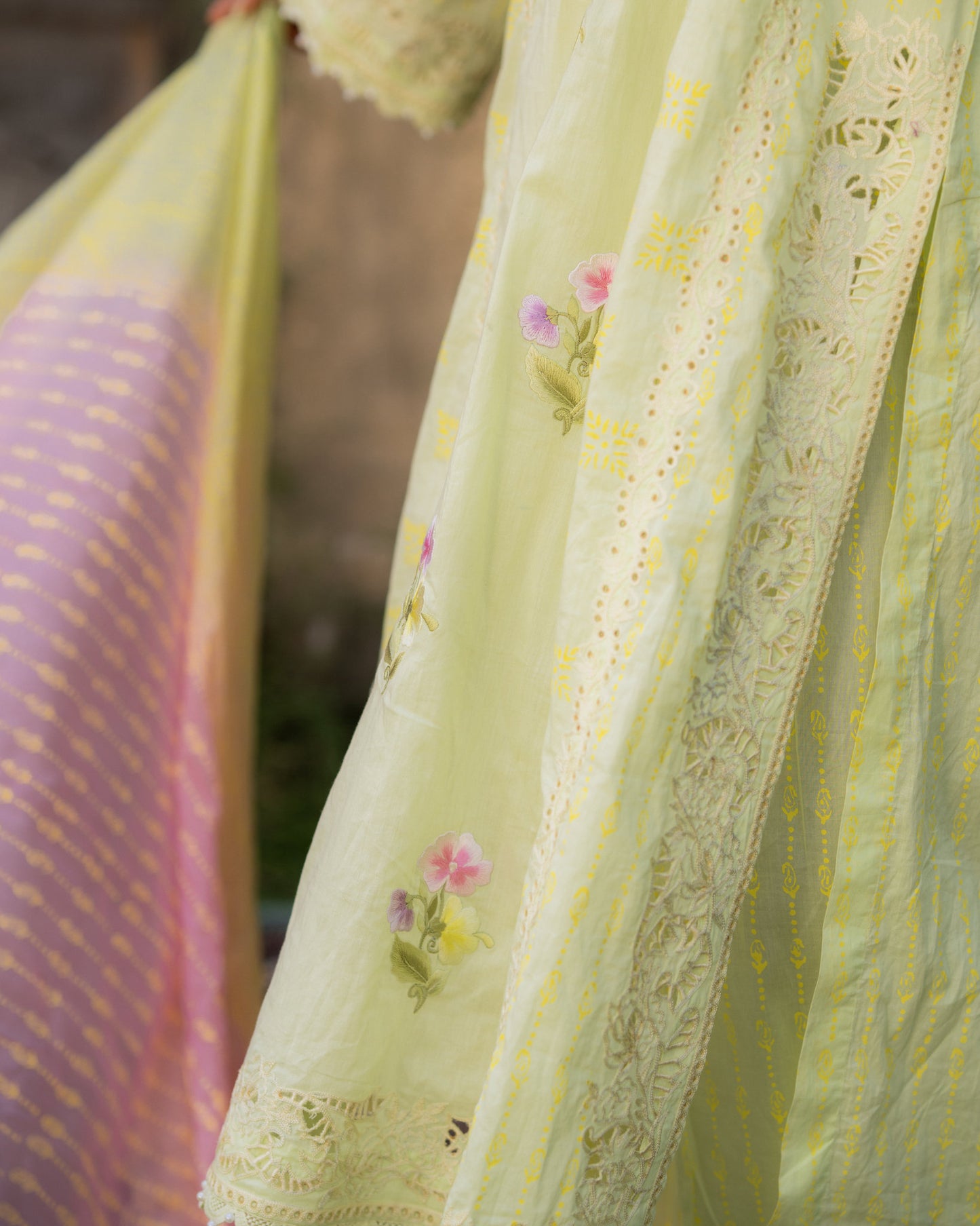 Mul with cut work and resham embroidery