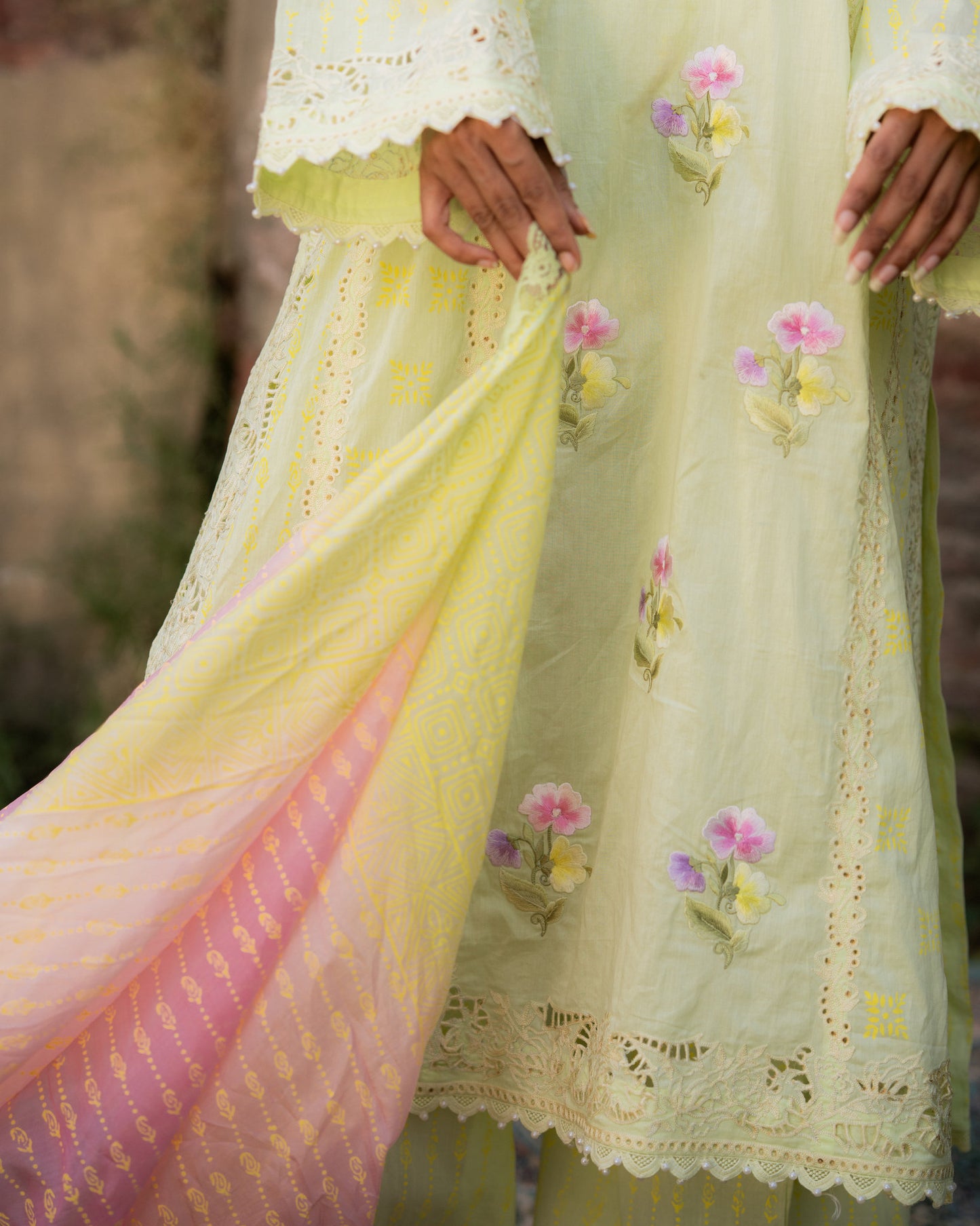 Mul with cut work and resham embroidery