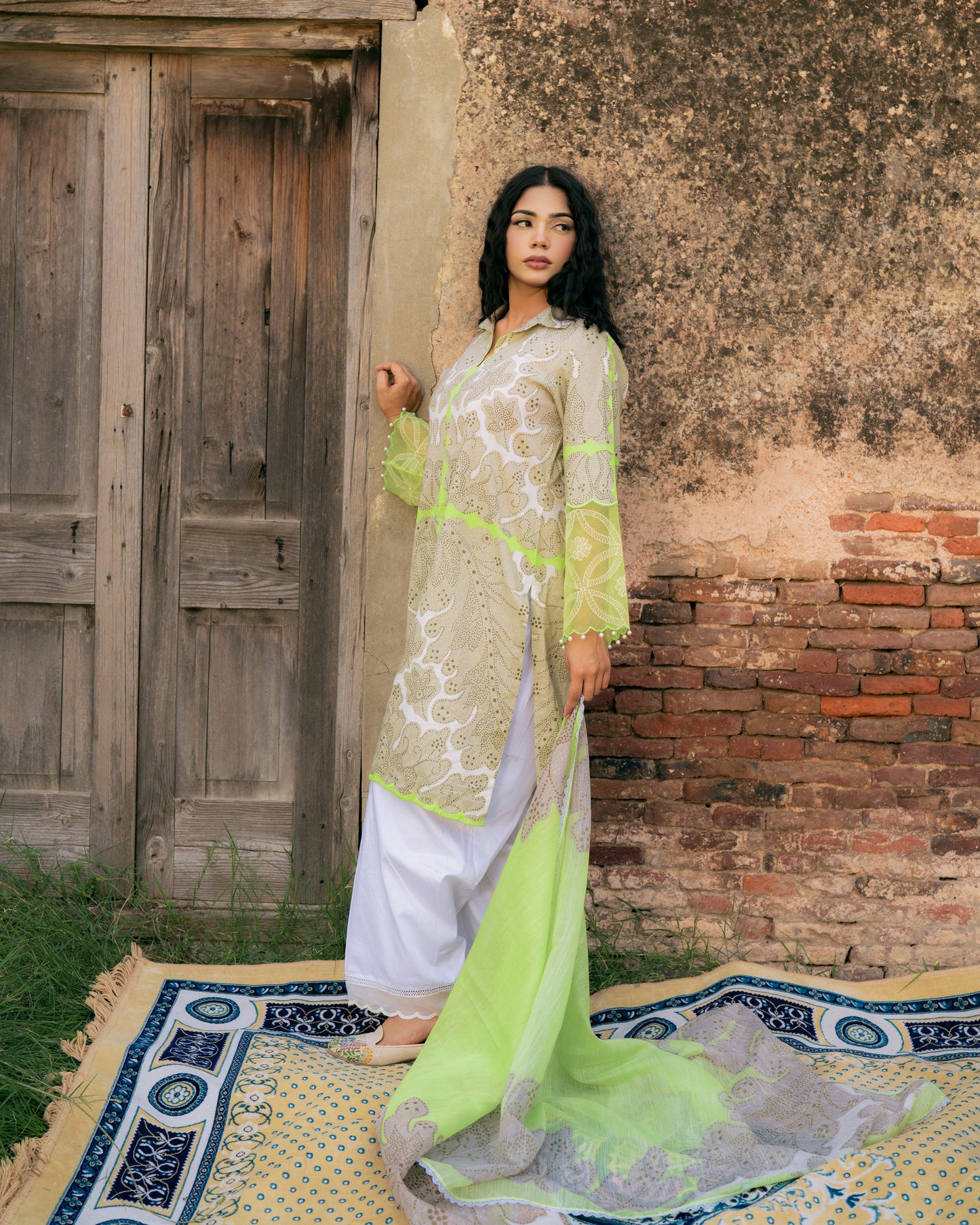 lime floral kurta set