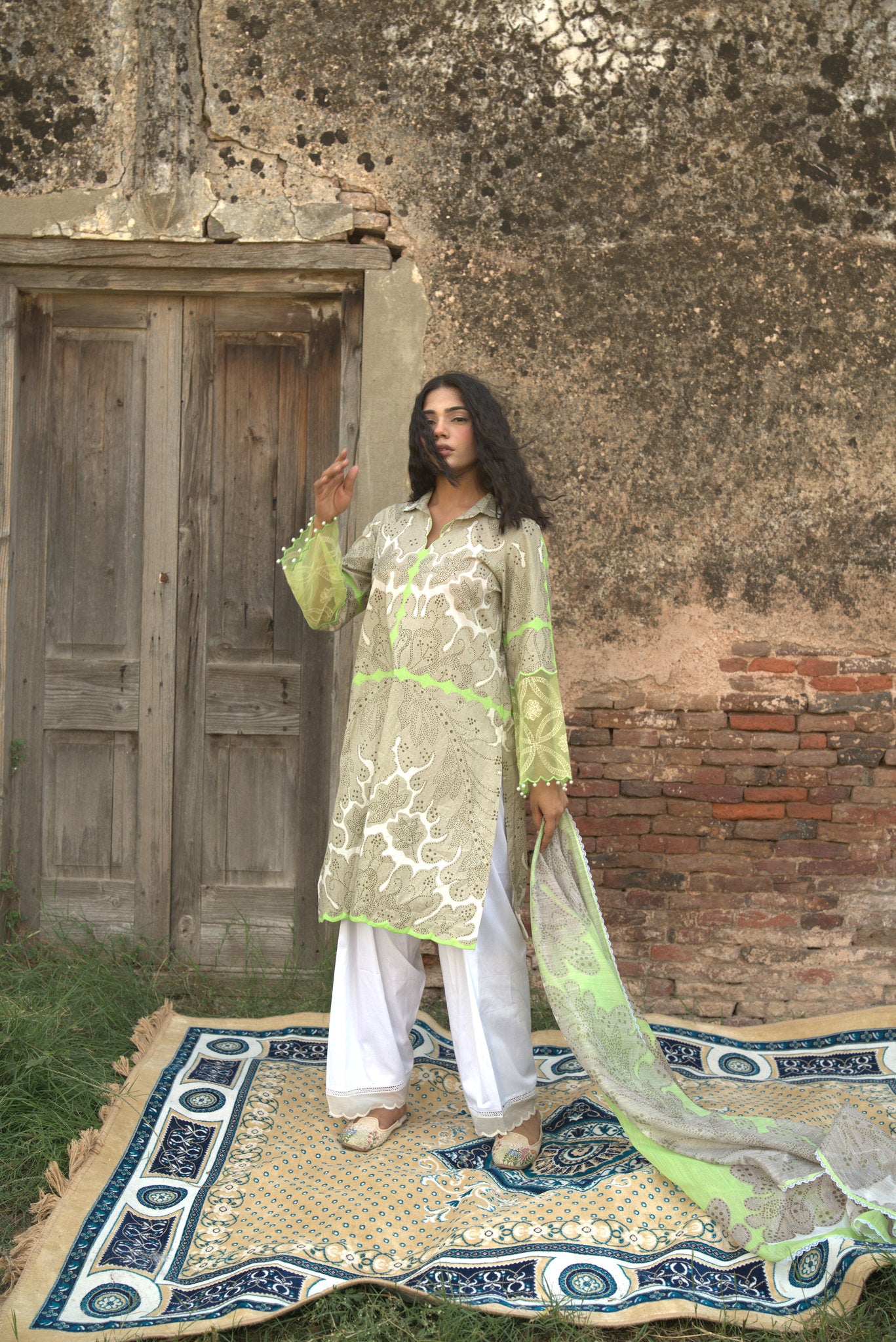 lime floral kurta set