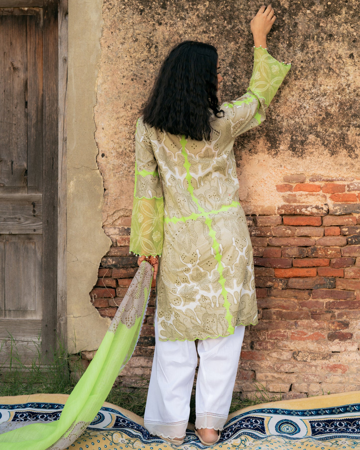 lime floral kurta set