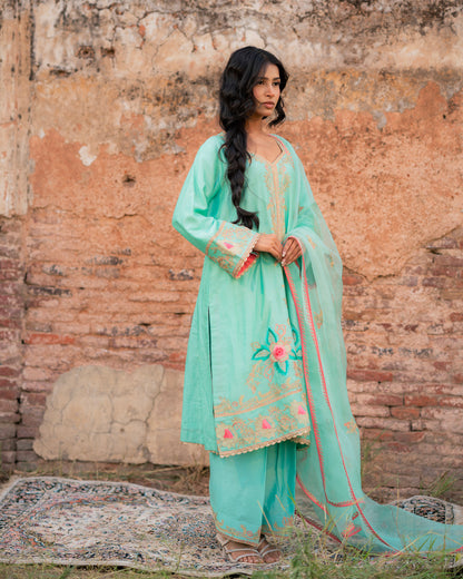 Party Wear Chanderi Salwar Suit with Embroidery and Tissue Applique