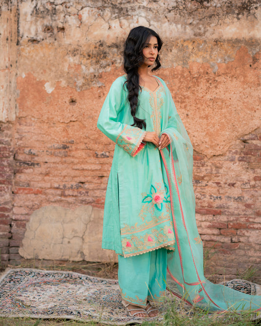 Party Wear Chanderi Salwar Suit with Embroidery and Tissue Applique