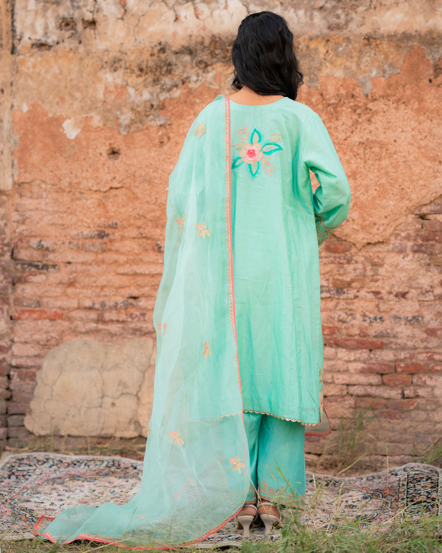 Party Wear Chanderi Salwar Suit with Embroidery and Tissue Applique