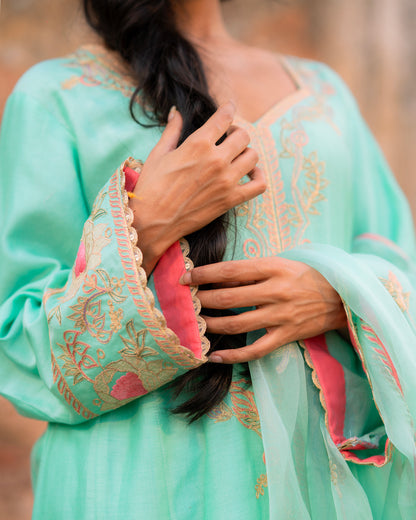 Party Wear Chanderi Salwar Suit with Embroidery and Tissue Applique